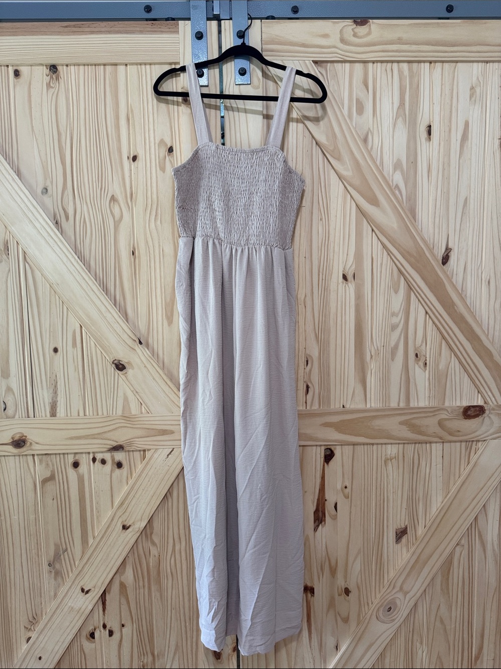 Neutral Beige Smocked Bodice Jumpsuit
